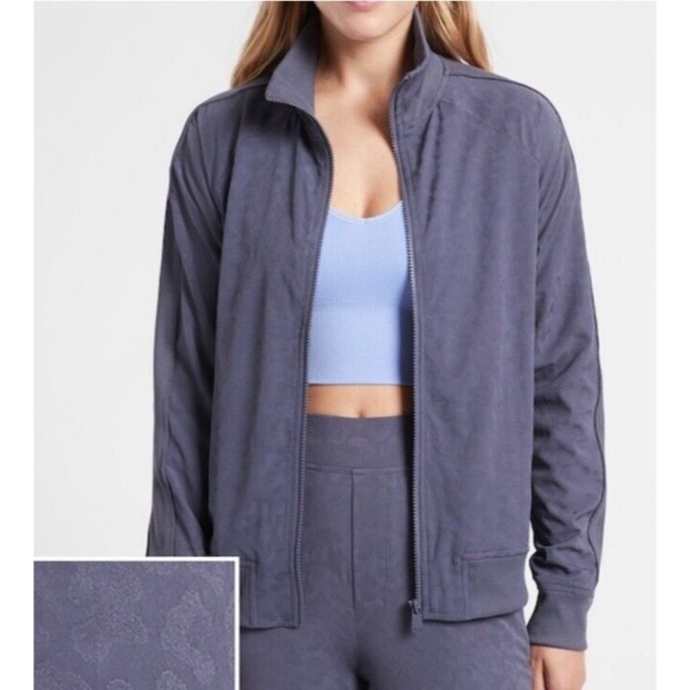 Athleta Brooklyn Bomber Jacket, Leopard Medieval Violet SIZE 2X